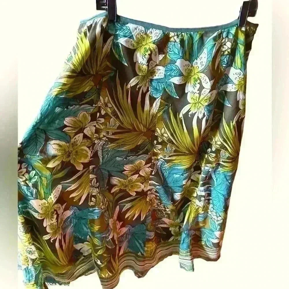 Nygard Size 14 Teal ,Greens Tropical/Floral Gauzy Cotton Skirt. Side Zip.